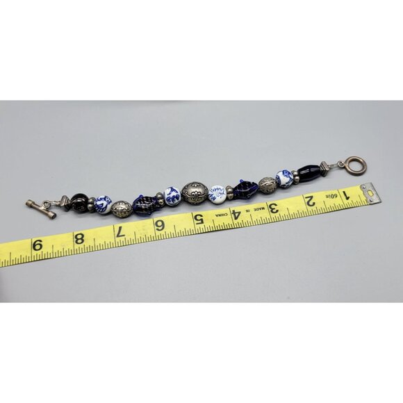 Silver Tone Blue Art Glass Fish Panda Round Beaded Wrap Bracelet B1A - Picture 6 of 6